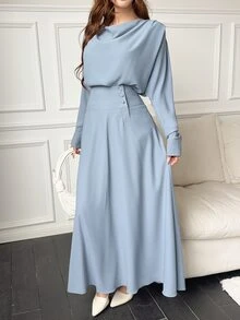 Feyla Women's Solid Color Draped Neck Long Sleeve Top And High Waist Skirt Elegant Two Pieces Set - Blue - View 3