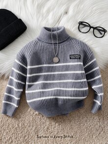 Cozy Pixies 男嬰秋冬條紋高領毛衣，舒適時尚休閒百搭日常極簡風，適合室內、戶外、日常、運動、玩耍、派對、拍照、度假、節日 - 淺灰色 - 查看 6