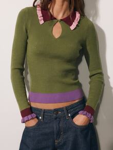 Nöista Women's Contrast Color Lapel Long Sleeve Slim Fit Versatile Sweater - Green - View 5