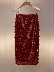 SHEIN Clasi Gold Large Sequin Slit Skirt Elegant Fashion Party - Burgundy - View 4