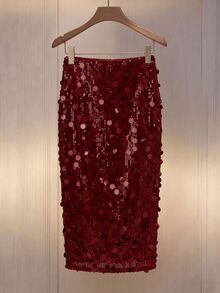 SHEIN Clasi Gold Large Sequin Slit Skirt Elegant Fashion Party - Burgundy - View 2