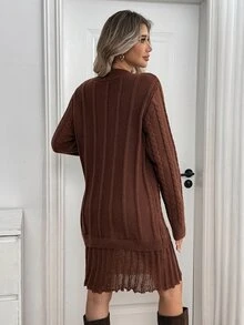 Sprig & Strand Women's Autumn New Arrival Single Piece Round Neck Hem Splice Design Fashion Elegant Personalized Versatile Daily Date Commute Short Fitted Knit Long Sleeve Woolen Dress - Coffee Brown - View 2
