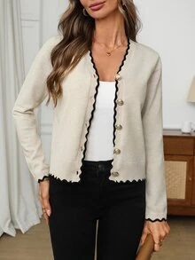 EMERY ROSE Cardigan Rajut Wanita Leher V Kancing Depan dengan Trim Tepi Bergelombang Kontras Lengan Panjang Model Pendek Sweater Wanita Musim Gugur Musim Dingin - Aprikot - View 4