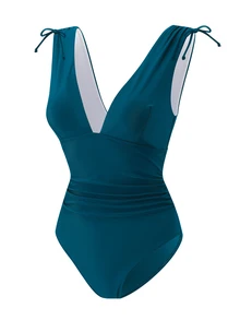 Swim Vcay 女款連身比基尼泳衣，抽繩背心上衣設計，深V領口，無鋼圈 - 藍色 - 查看 7