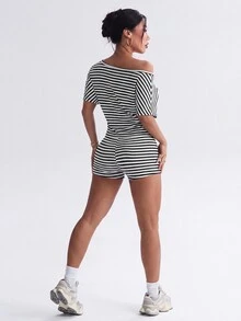 StreetHx Women's Striped Asymmetrical Shoulder Short Sleeve T-Shirt And Shorts Sports Set - Black and White - View 3