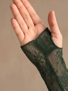 Anewsta Plus Size Sexy Sheer Lace Long Sleeve Top - Army Green - View 6