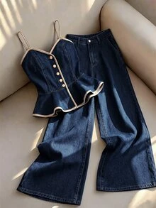 GlowEve Set Denim Kasual Wanita: Atasan Camisole Berpotongan Rapi dengan Hem Berumbai dan Celana Jeans Lebar, Kancing Tunggal - Biru - View 1
