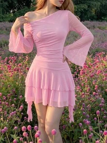 Skyraze Women's Solid Color Asymmetrical Shoulder Flared Sleeve Ruffle Hem Pleated Dress - Pink - View 10