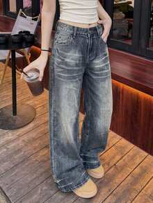 DAZY Women's Blue Washed Distressed High Waist Loose Straight Leg Patchwork Design Casual Versatile Denim Jeans Fall - Blue - View 4