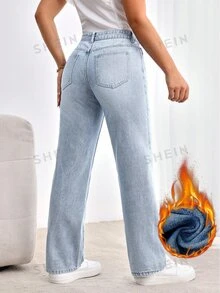 SHEIN Tall 女款休閒日常旅行牛仔褲，附口袋與鈕扣設計 - 淺色水洗藍 - 查看 2