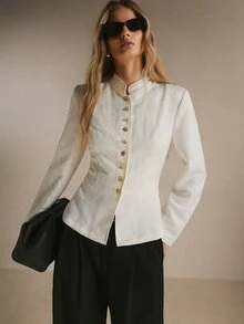 Poéselle Women's Ivory Textured Jacquard Jacket – Structured Mandarin-Collar Long-Sleeve Blazer With Gold Buttons, Defined Waist And Peplum Hem Fall/Winter - Apricot - View 3