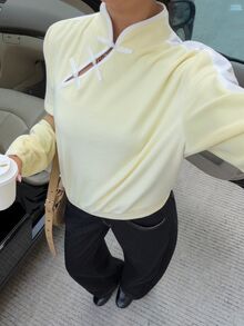 Muchica Women's Contrast Trim Cheongsam Collar Casual Daily Versatile Loose Long Sleeve Top Yellow Plush Buckle Autumn And Winter Top - Light Yellow - View 3