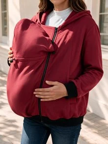 SHEIN Solid Color Maternity Hoodie Jacket 3-In-1 Outerwear For Home - Red - View 8