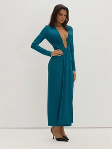 MUSEYN Teal Blue Jersey Deep Plunge Long Sleeve Maxi Dress Classy Date Night Chic Evening Fall - Dark Green - View 4