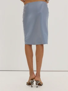 MUSEYN Blue Satin Low Waist Midi Skirt Classy Date Night Chic Evening Fall - Blue - View 4