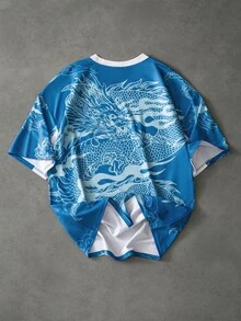 Men's Dragon Pattern & Auspicious Cloud All-Over Print Mesh V-Neck Short Sleeve Jersey, Colorblock Patchwork Sports T-Shirt - Blue - View 2