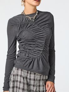 COUREZ Ruched Long Sleeve Top / Y2K Tops For Women Fall Clothes For Women Autumn Winter Clothes For Women Casual Going Out Tops Back To School Tops Grey Top - Dark Grey - View 6