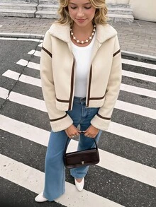 SHEIN 青少年女孩外套 秋冬街頭風 PU複合保暖內裡 加厚對比邊飾翻領機車夾克，適合秋冬日常穿著 - 卡其色 - 查看 4