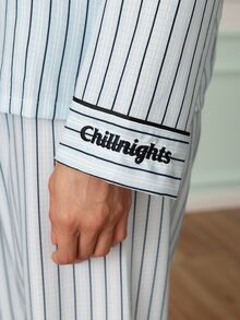 Chillnights Women's Casual Young Striped Print Colorblock Thin Cuff Embroidered Pajama Set - Blue - View 3