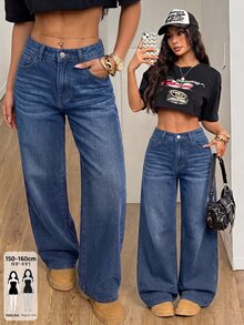 SHEIN PETITE 女款高腰寬鬆素色長版牛仔褲 - 深色水洗藍 - 查看 7