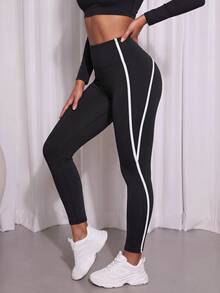 Core Rhythm Core Rhythm Women's Contrast Trim Tight High Elasticity Sports Leggings For Workout Running Fitness - Black and White - View 1