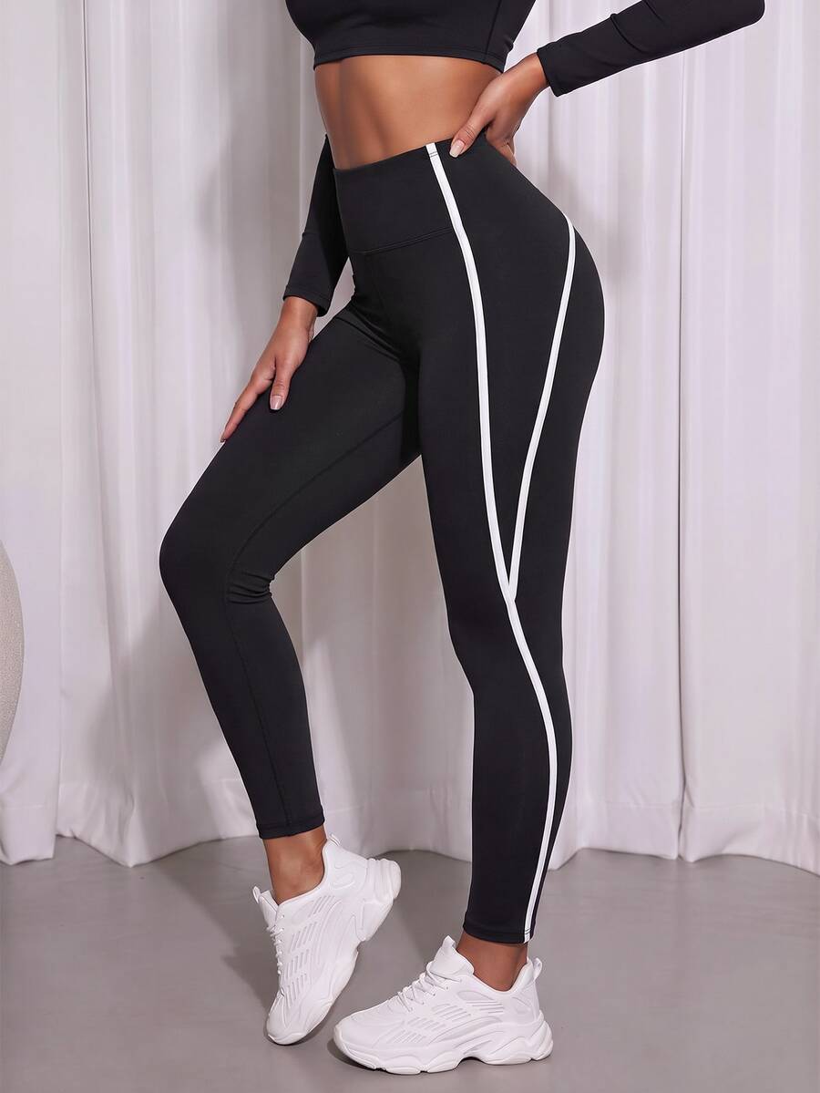 Core Rhythm Core Rhythm Women's Contrast Trim Tight High Elasticity Sports Leggings For Workout Running Fitness - Black and White - View 1