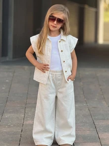 DAZY Young Girl) Lapel Casual Sleeveless Denim Top + Straight Leg Pants Two Pieces Denim Outfit Set - White - View 6