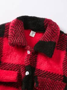 SHEIN 女童大童紅色格紋黑色翻領長袖外套 + 素色高領羅紋長袖T恤 + 羅紋喇叭褲 3件套 校園風 - 紅色 - 查看 3