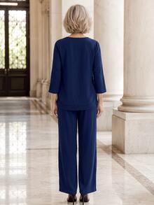 EMERY ROSE Middle-Aged And Elderly Women Solid Color Round Neck 3/4 Sleeve Top And Pants Set - Blue - View 2