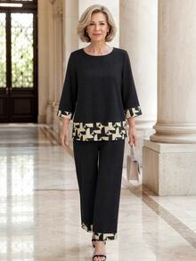 EMERY ROSE Women's Geometric Pattern 3/4 Sleeve Blouse And Long Pants Elegant Set Fall Clothes For Women Winter Outfit For Women Women Fall/Winter Sets - Multicolor - View 2