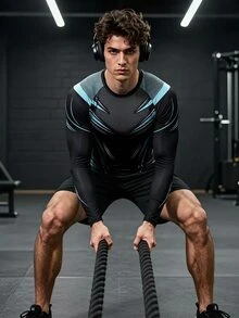 GymBeat Men's Tech Graphic Print Slim Fit Long Sleeve Tee, Outdoor Workout Running Training Sport Shirt - Black - View 3