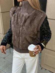 Livesso Brown High Neck Plush Patchwork Leopard Print Sleeve Zipper Slim Fit Casual Colorblock Faux Fur Jacket - Khaki - View 5