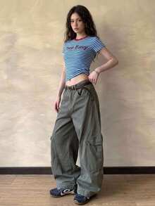 DAZY Army Green High-Waist Side Flap Large Pocket Loose Wide Leg Cargo Casual Pants For Women - Army Green - View 6
