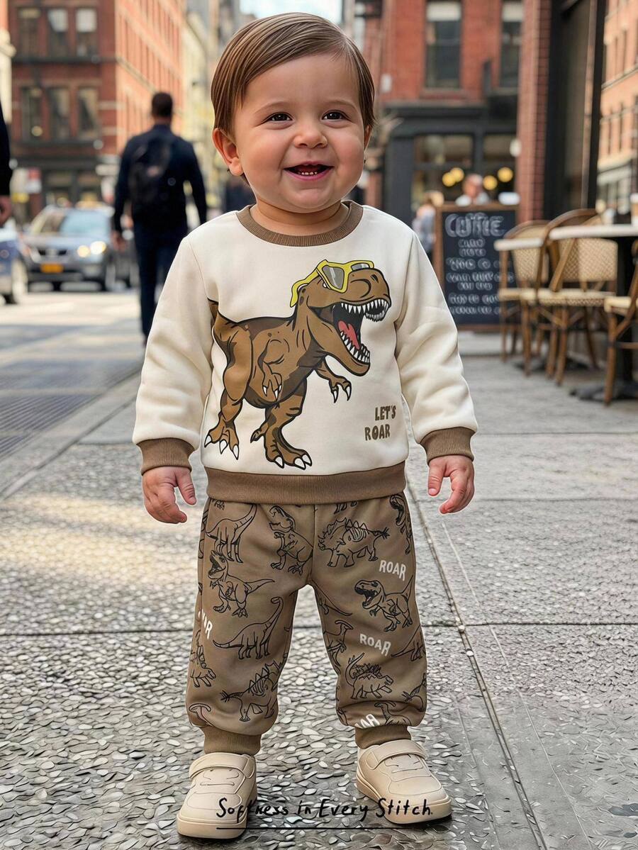 Cozy Pixies Toddler (Boy) Dinosaur Pattern Cool Tyrannosaurus Rex Pattern Crew Neck Sweatshirt Elastic Waist Cuffed Pants Set - Multicolor - View 1