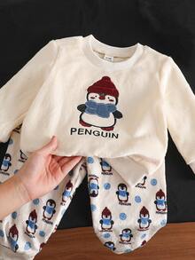 Set 2 potong celana panjang flanel lengan panjang bayi laki-laki, motif cetak bordir penguin kartun warna aprikot, pakaian rumah simpel kasual nyaman lembut lucu dan menyenangkan untuk musim dingin - Aprikot - View 8