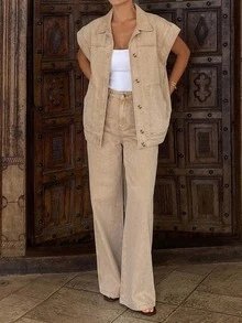 Livesso Autumn Apricot Lapel Button Pocket Decor Short Denim Jacket & Wide Leg Denim Pants Set - Apricot - View 5