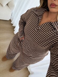 SHEIN PETITE CURVE Plus Size Striped Colorblock Long Sleeve Polo Shirt And Loose Pants 2 Pieces Set Fall - Brown - View 5