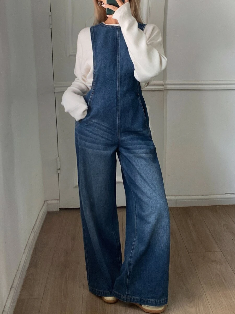 Livesso Autumn Blue Spaghetti Strap Button Washed Loose Pocket Decor Casual Women's Denim Overalls Jumpsuit - Blue - View 1