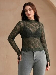 Anewsta Plus Size Sexy Sheer Lace Long Sleeve Top - Army Green - View 3
