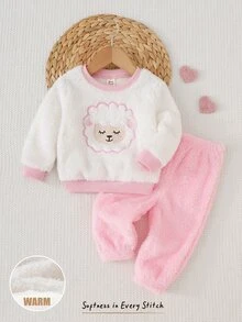 Cozy Pixies Cozy Baby Girl Knit Solid Color Cute Cartoon Embroidered Pattern Round Neck Top & Long Pants Loungewear 2pcs Set Suitable For Autumn/Winter - Pink - View 7