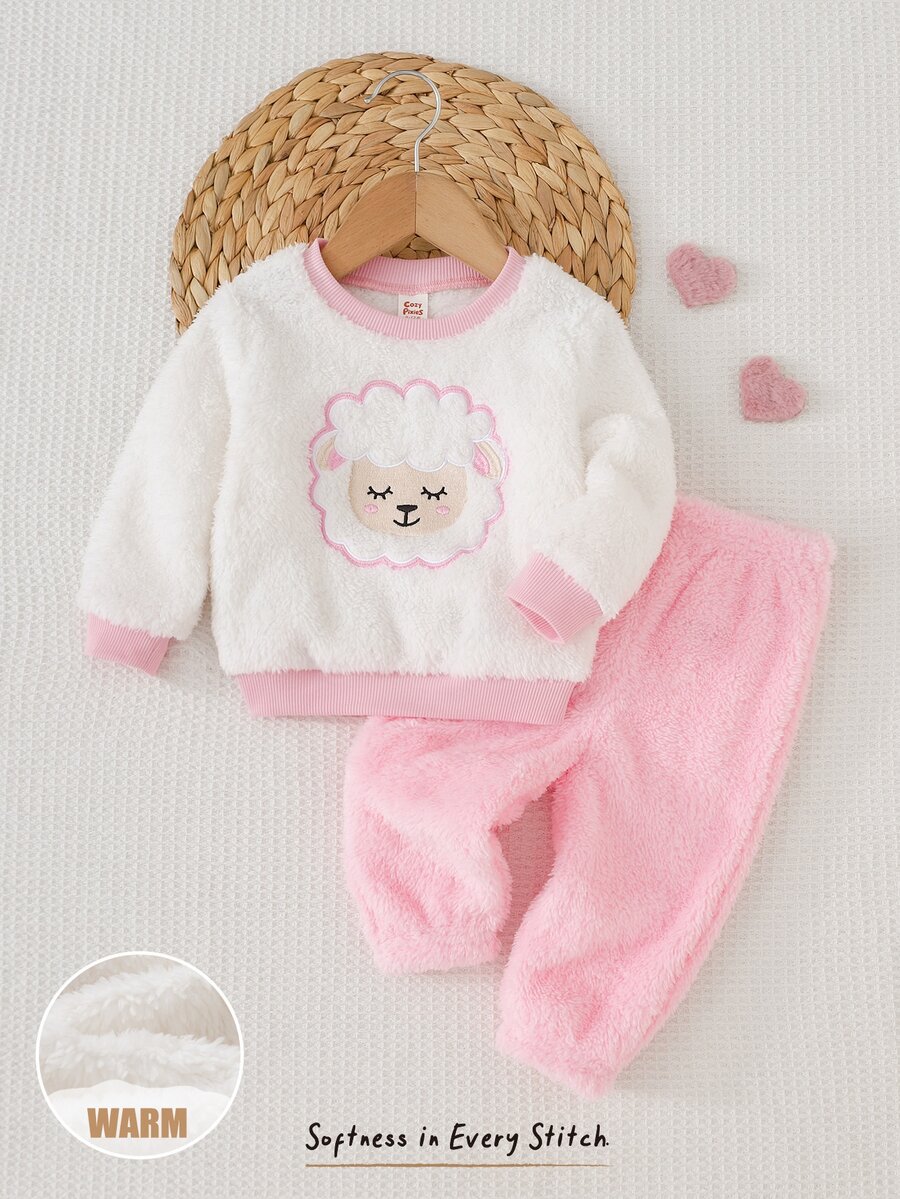 Cozy Pixies 女嬰舒適針織純色可愛卡通刺繡圖案圓領上衣與長褲居家服2件套,適合秋冬 - 粉色 - 查看 1