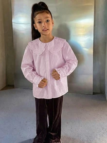 DAZY 青少年女孩秋季服飾蕾絲娃娃臉泡泡袖長袖甜美襯衫 - 粉色 - 查看 4