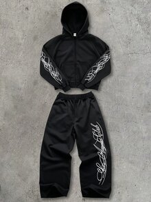 SHEIN 青少年男孩 2件組黑色連帽字母印花衛衣與寬腿運動長褲，適合秋冬返校季節 - 黑色 - 查看 3