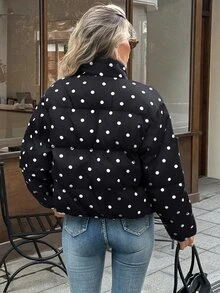 Serisse Women's Polka Dot Pattern Long Sleeve Zipper Front Casual Winter Jacket - Black - View 2