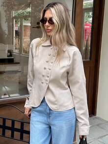 SHEIN Frenchy Women's Solid Color Long Sleeve Double-Breasted Casual Jacket,Fall/Winter Elegant Formal Luxury Business Chic Basic Christmas Back To School - Apricot - View 6