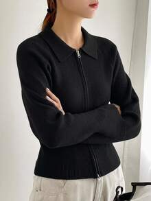 DAZY 商務休閒純色翻領女款開襟針織外套長袖上衣 - 黑色 - 查看 3
