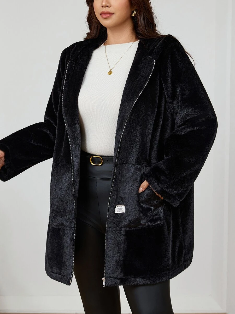 SHEIN Clasi 大尺碼女款抓絨長袖連帽拉鍊冬季外套 - 黑色 - 查看 1
