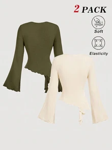 SHEIN MOD 女款休閒純色V領長袖T恤，秋冬款，女款萬聖節裝扮，女款休閒穿搭，棕色，棕色上衣&黑色上衣 - 軍綠色 - 查看 2