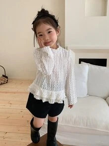 DAZY Baby Girl Solid Color Casual Cable Knit Lace Patchwork Top - White - View 4