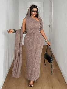 Maweii Plus Size Casual Slim Fit Design Cold Shoulder Shawl Mid-Length Dress For Women - Brown - View 5